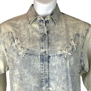 Biz Tango Blues Womens Acid Wash Western Shirt Size Medium Lacing Cowgirl 80s